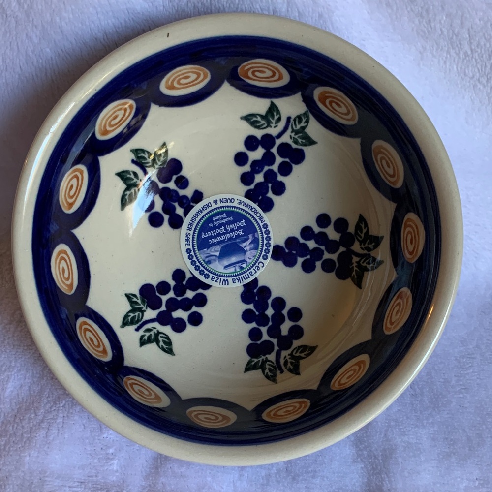 Handcrafted Small Polish Pottery Bowl Grape Pattern